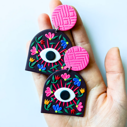Evil Eye Floral Statement Earring - Black + Pink
