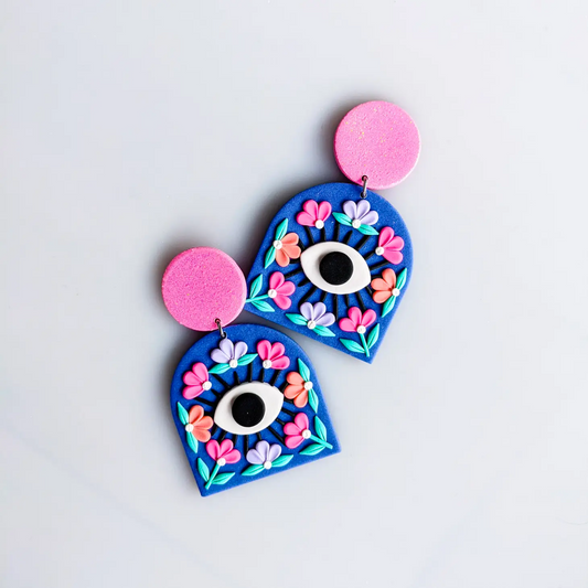 Evil Eye Floral Statement Earring - Glitter Pink + Blue