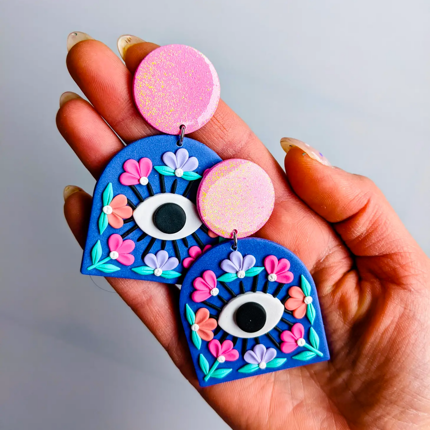 Evil Eye Floral Statement Earring - Glitter Pink + Blue