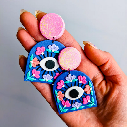 Evil Eye Floral Statement Earring - Glitter Pink + Blue