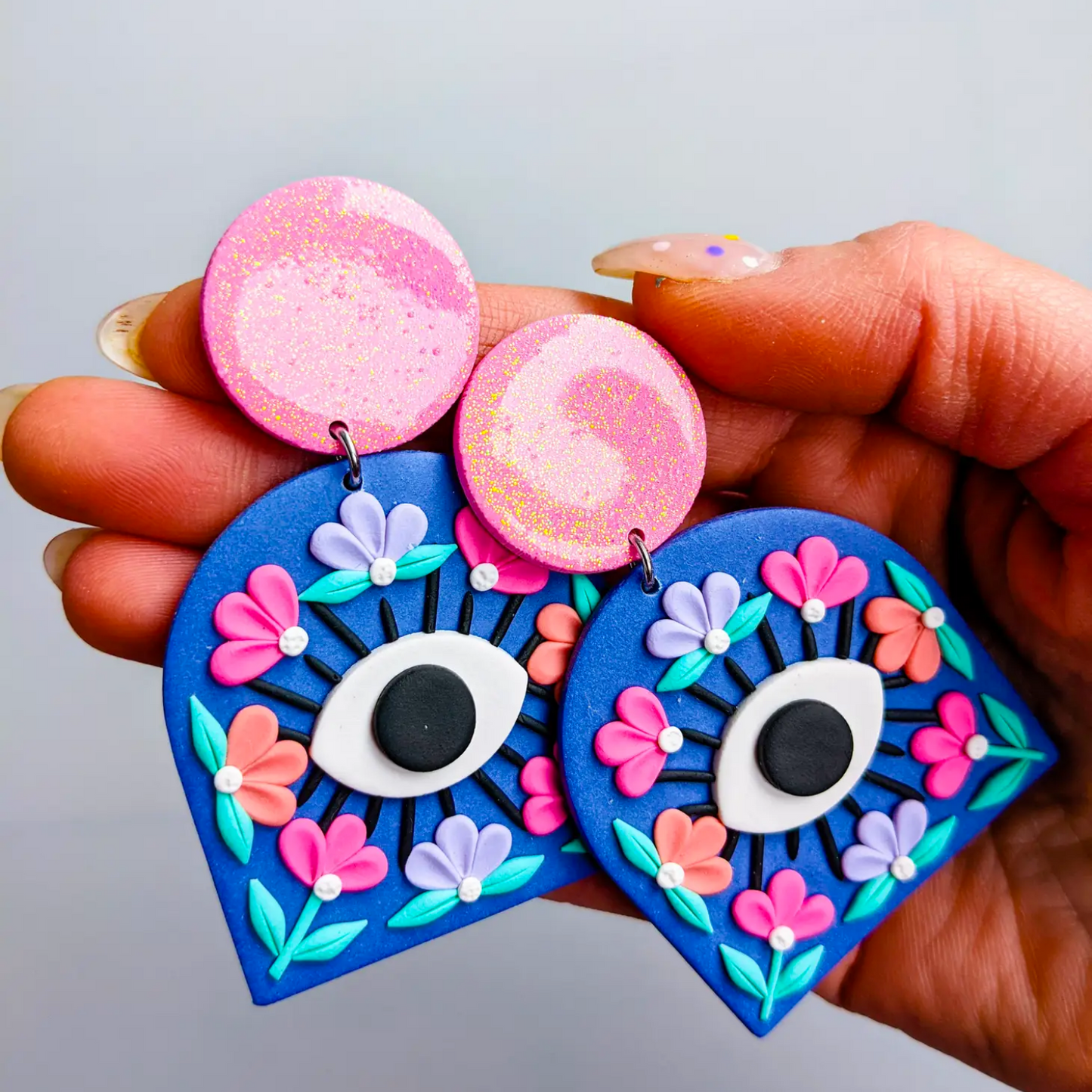 Evil Eye Floral Statement Earring -  Glitter Pink + Blue