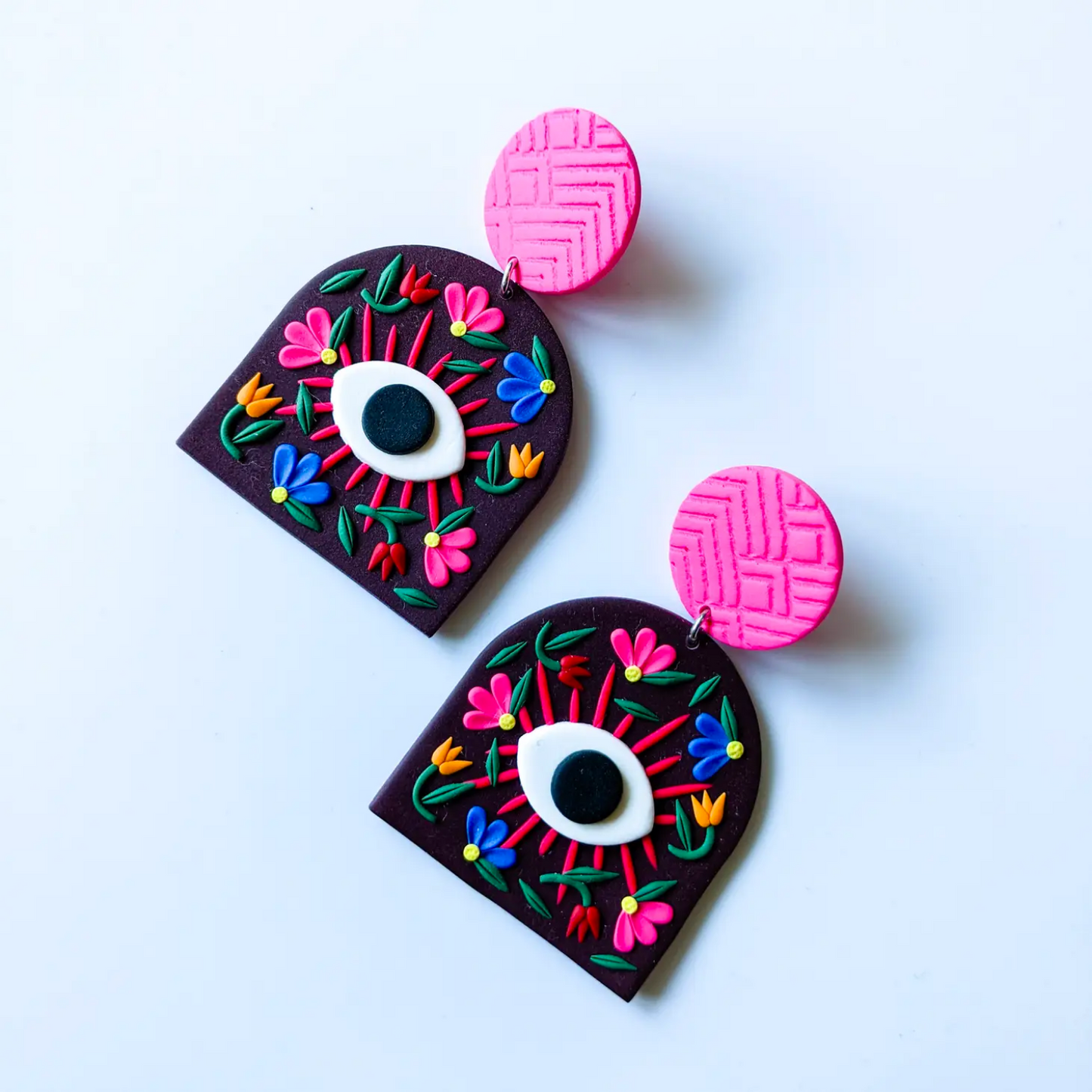 Evil Eye Floral Statement Earring - Black + Pink