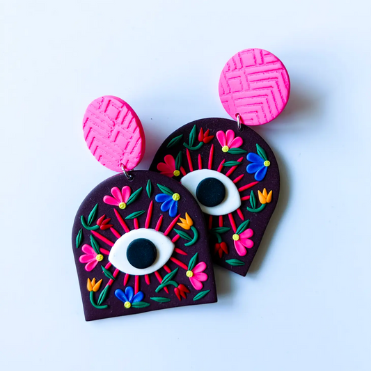 Evil Eye Floral Statement Earring - Black + Pink