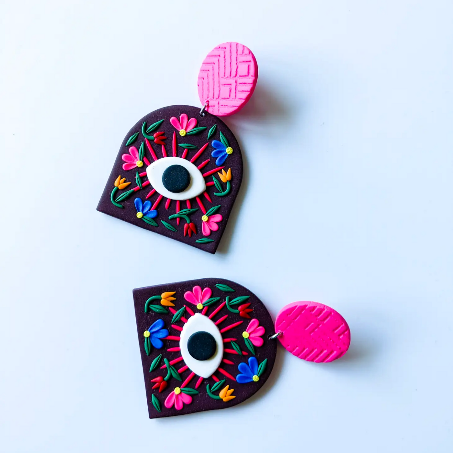 Evil Eye Floral Statement Earring - Black + Pink