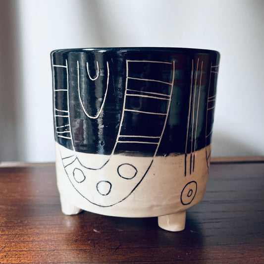 Hand Carved Ceramic Planter - Black