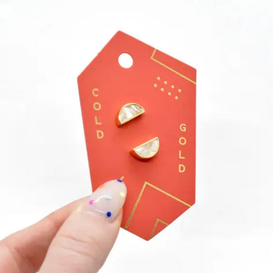 Crystal Quartz Half Moon Stud Earrings