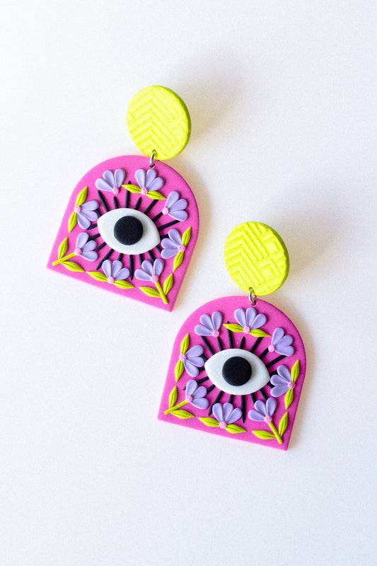 Evil Eye Floral Statement Dangle - Pink + Citrus